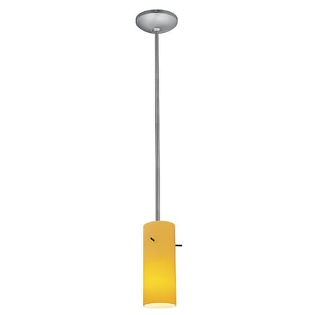 Cylinder, Pendant, Brushed Steel Finish, Amber Glass